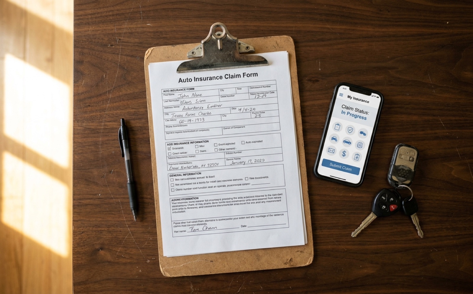Auto insurance claim form, phone, and car keys on a desk