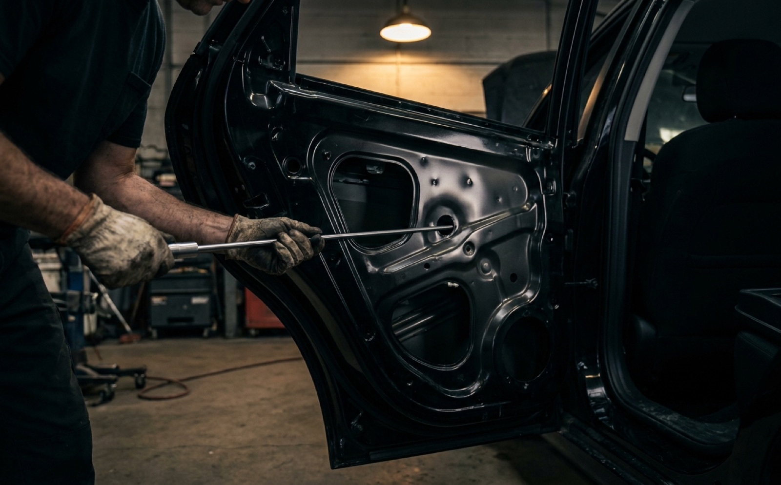 Paintless dent repair technician working on a black SUV door panel