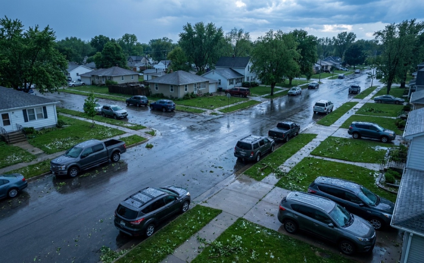 Aerial view of a residential neighborhood after a hailstorm